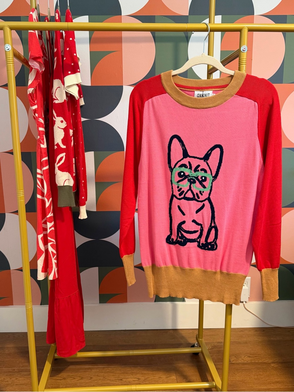Oxknit Pink & Red French Bulldog Crewneck Sweater